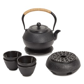 Juvale Cast Iron Tea Kettle for Stovetop - 40 oz Black 6-Piece - Japanese Tea Kettle Set with Infuser & Warmer - Hobnail Design Simple Brew Loose Leaf Teapot with Trivet & 4 Cups