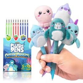 BUNMO Cute Pens - Plush Fun Pens w/Soft Grip & 10 Colorful Refills - Gifts for Tweens - Fun Pencils for Kids - Ocean Animals - Gift for Teens - Squishies for Kids - Plush 5 Pack