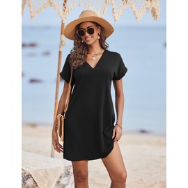 AI'MAGE Women's Bathing Suit Cover Up 2025 Beach Swimsuit Coverup Swimwear Bikini T-Shirt Dress with Pockets Black
