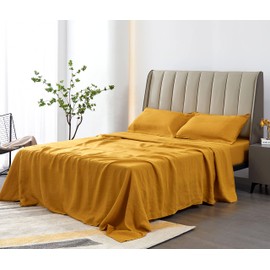 S VICTORY SYMBOL 100% Organic French Linen Sheet Set 4PCS King Size(1 Flat Sheet,1 Fitted Sheet,2 Pillowcase) GOTS Certified Natural Pure Flax Sheets with Stone Washed,Breathable(Yellow,King)