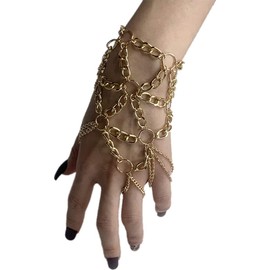 Asphire Gothic Metal Bracelet with Finger Ring Chain Tassel Braided Mesh Punk Slave Bracelet Cosplay Party Harness Bracelet for Festival Costume Hand Jewelry Accessories (Gold), (asp-bracelet-0138)