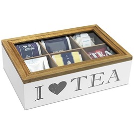 G. Wurm Tea Box 'I Love Tea' with Viewing Window and 6 Compartments, Wooden Tea Box for Tea Bags