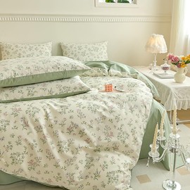 Covebett Bed Linen Cotton 135 x 200 cm Green White Flowers Small Floral Pattern Duvet Cover Set Aesthetic Botanical Flower Meadow Floral Pattern Duvet Cover Zip and Pillowcase 80 x 80 cm