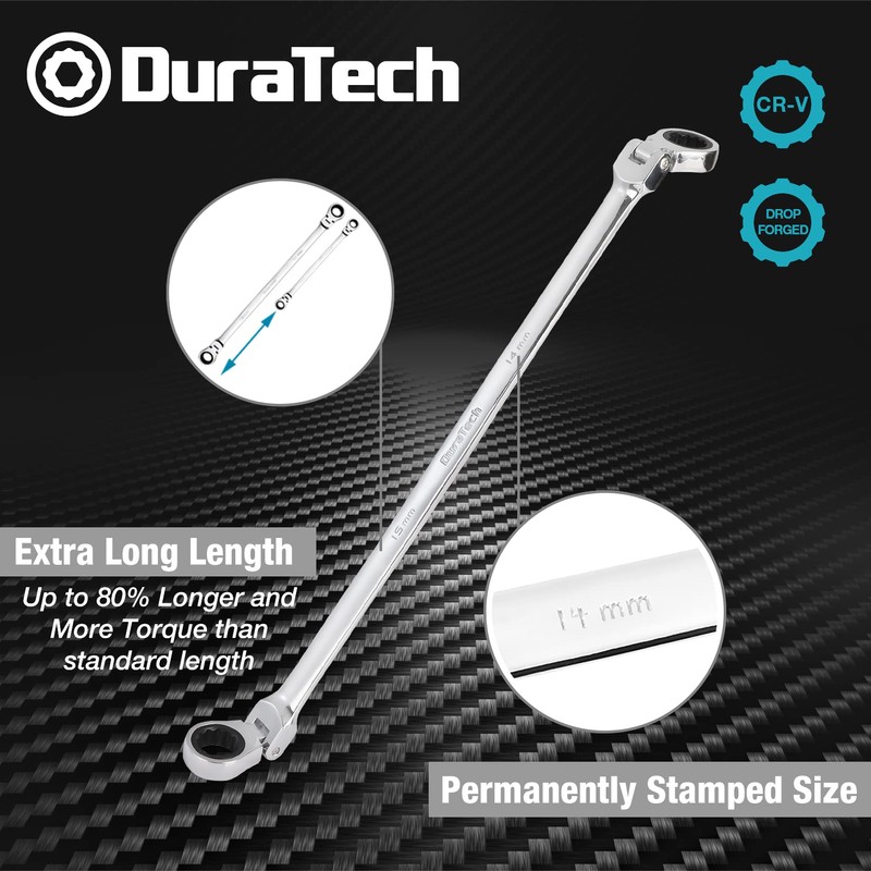 DURATECH 14 * 15 mm Extra Long Flex-Head Ratcheting Wrench,
