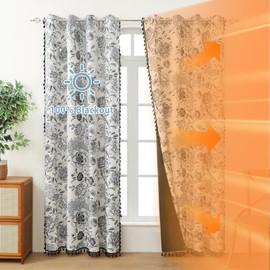LOHUT,100% Blackout Black Floral Farmhouse Curtains Living Room Thermal Insulated Drapes, Elegant Peony Pattern & Tassel Curtains 2 Panels Blocking Curtains for Windows Floral Drapes (52W*84L)