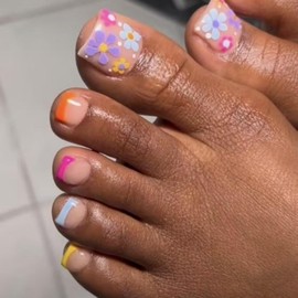 Colorful French Tips Press on Toenails Short Square False Toenails with Colorful Flower Design Spring Fake Toe Nails Summer Glue on Toenails Cute Daisy Stick on Toenails for Women Girls Manicure 24Pcs