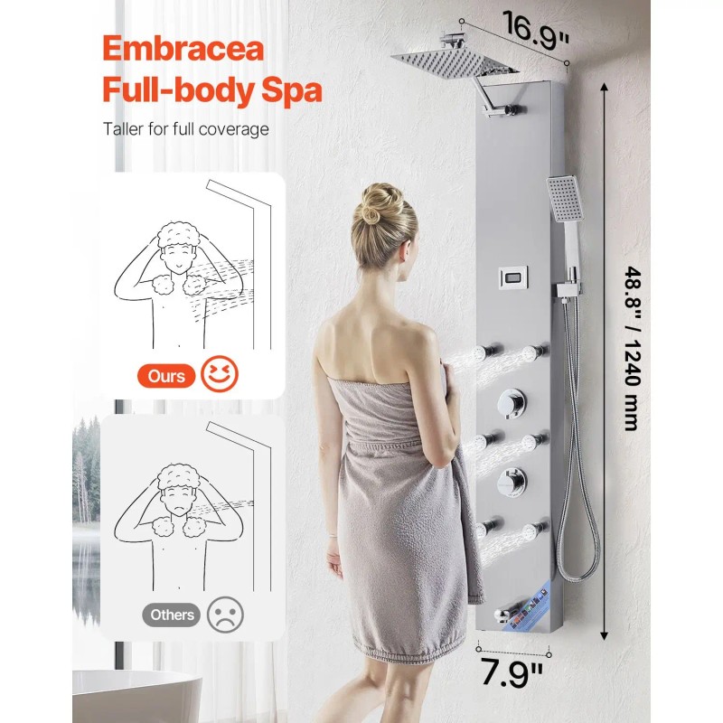 49 Brushed Stainless Steel Shower Column LED Rainfall Shower Head