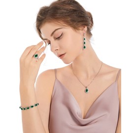 LMXXVJ Green Teardrop Emerald Jewelry Set for Women Girl,Gemstone Necklace Long Earrings Adjustable Ring Bracelet Set Fashion Jewelry Gift,Silver-Tone