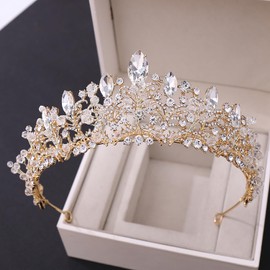 QIXNJALG Crystal Crowns and Tiaras with Tomb for Girl or Women Birthday Party Wedding Tiaras (Gold)