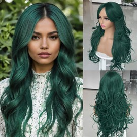 Jadeadyseg Dark Green Wig Long Layered Wavy Green Wigs with Curtain Bangs for Black White Women Synthetic Long Wavy Layered Natural Curly Wigs Heat Resistant for Daily Party Use 24Inch(GREEN)
