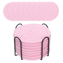 uxcell 8 Pcs Drink Coasters with Holder, Cotton Woven Coaster Set, Absorbent Coasters for Cups, Drinks, Home Decor and Tabletop Protection, 4.3 Inches Light Pink