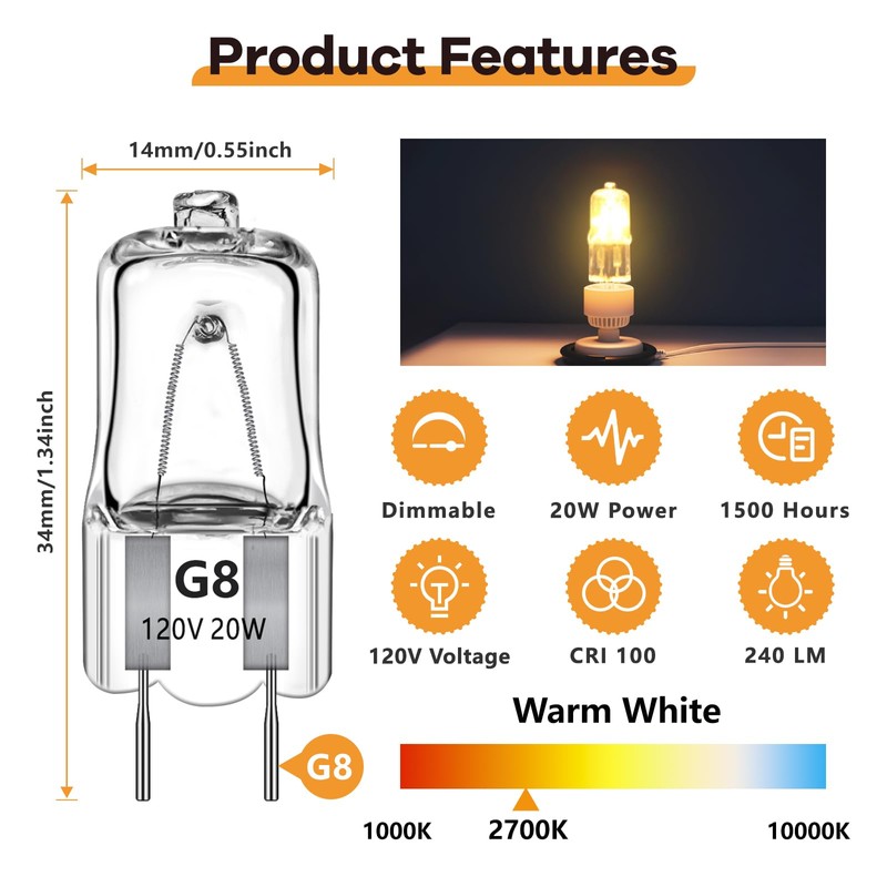 Blakapoo G8 Halogen Light Bulb 120V 20W G8 Base Bi-Pin
