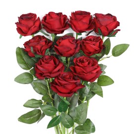 JUSTOYOU 10 rosas artificiales, rosas de flores realistas, rosas de seda de tacto real, ramos de tallo largo de flores falsas individuales para decoración del hogar, boda, fiesta (10 unidades, rojo