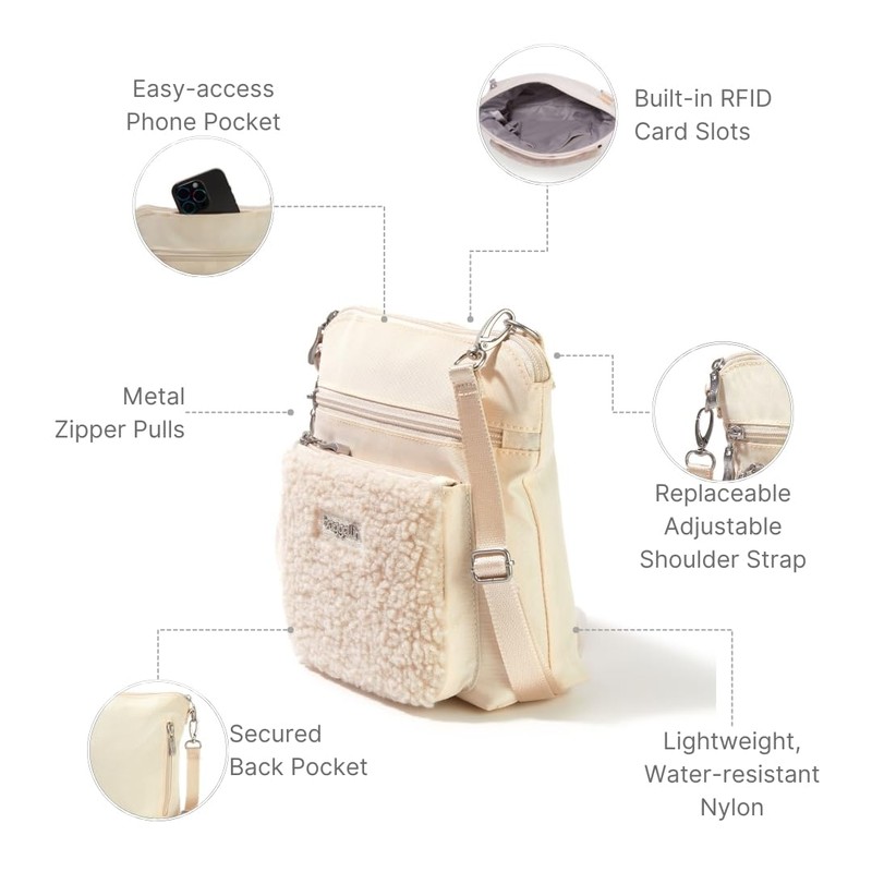 Baggallini Women's Modern Pocket Crossbody, Light Beige Faux Shearling, One
