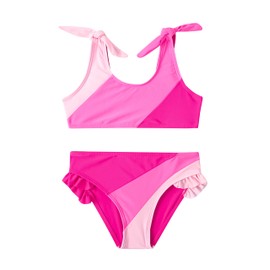 ADXSUN - Traje de baño de dos piezas para niñas pequeñas, color bloque de color, traje de baño para niños, Bloque de color rosa., 12-18 Meses