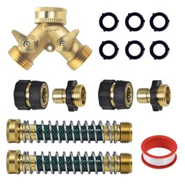 VANCOCO Garden Hose Y Splitter 2 Way 3/4" Heavy Duty Brass, with 2Pcs Garden Hose Quick Connect Fittings, 2Pcs Garden Hose Extension Coiled Spring Protectors and 6 Rubber Washers