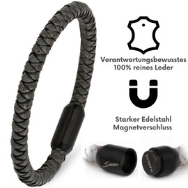 Simaru Leather Bracelet Made in Germany, 6 mm Braided with Stainless Steel Magnetic Clasp, Premium Leather Bracelet, Waterproof and Skin-Friendly (21 cm Length - L, Dark Grey), Leather