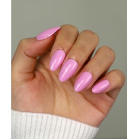 Pink Press On Nails Short 16 Sizes 32pcs Almond Fake Nails Glossy, Nail Glue Included