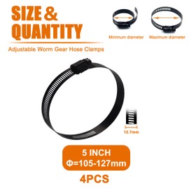 ISPINNER 4pcs 5 Inch Stainless Steel Adjustable 105-127mm Size Range Worm Gear Hose Clamp, Fuel Line Clamp for Plumbing, Automotive and Mechanical Application (Black)