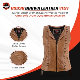 Daniel Smart Women Leather Vest – Unique Brown Leather with laced up Sides Detailed Leather Vest with Multifunctional Pockets (Large)