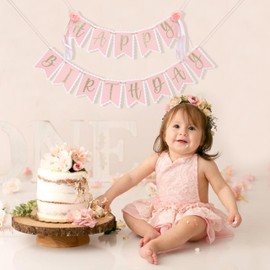 Flower Happy Birthday Banner - Little Princess Birthday Party Decorations, Floral Themed Pink Garland, Sweet Happy Party Photo Props, Romantic Home Wall Hanging Garland (Flower Happy Birthday Banner)