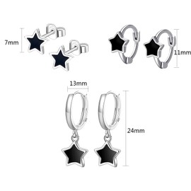 Hinvan 3 Pairs Black Earrings Silver 925 Sterling Silver Earrings Star Hoop Earrings Star Stud Earrings Silver Hoop Earrings Silver Earrings Hanging Earrings for Women Girls Women, Sterling Silver, No
