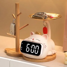 Itigoitie Cute Cat Desktop Clock Decoration,Smart Electronic Digital Mute Clock,Living Room Entryway Key Storage,Suitable for Housewarming Gift, Home Decoration