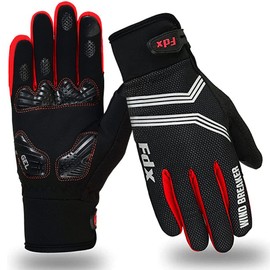 FDX Full Finger Winter Cycling Gloves, Breathable, Water Resistant, Windproof, Anti- Shocking Gel Padded Palms, Touchscreen, Anti-Slip Warm Thermal Men Women MTB, Racing, Riding, Running (Red L)