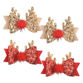 4 Pcs Christmas Hair Clip Christmas Reindeer Antlers Headdress Cute Xmas Bow Antlers Ears Hairpin Glitter Sequins Hair Barrettes Christmas Party Hair Accessories for Girls Women