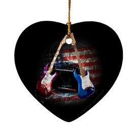 GRAPHICS & MORE Electric Guitars American USA Flag Rock and Roll Red White Blue Heart-Shaped Porcelain Holiday Christmas Tree Ornament - 2.8"