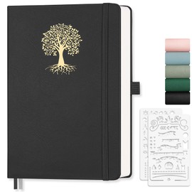 EMSHOI Dotted Notebook A5-100 GSM Hardcover Leather Dotted Journal with Sticky Notes, 192 Pages Dot Grid Notebook for Women Men Work School Bullet Journaling, 14.5 X 21 cm - Black