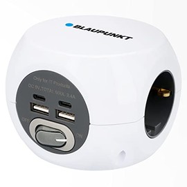 BLAUPUNKT Steckdosenwürfel, Mehrfachsteckdose, 3-fach Schukosteckdose, 2-fach USB-A + 2-fach USB-C, mit Ein-/Ausschalter, Weiß, 1,4 Meter