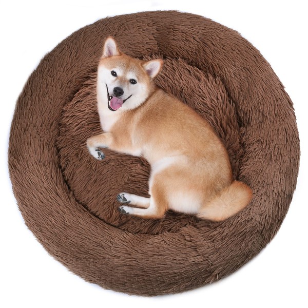 VIVAGLORY Fur Donut Cuddler, Washable Dog Bed, Self-Warming Dog Cat Bed with Thick Raised Edge, Suitable for Multiple Cats & Medium Dog, Light Taupe