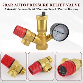 1/2" 7 Bar Pressure Relief Valve, Boiler Safety Pressure Relief Valve, Brass Safety Valve with DN15 Thread and Heat-Resistant Diaphragm for Water Oil Gas Systems Closed Water Heaters