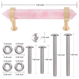Amogeeli 2pcs Faceted Pointed Rose Quartz Crystal Drawer Pulls Handle with Screws, Brushed Brass Decorative Stone Cabinet Knobs Set for Closet Cupboard Locker