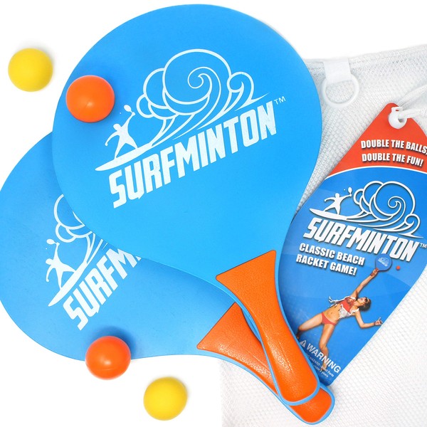 VIAHART Surfminton Classic Blue and Orange Beach Tennis Wooden Paddle Game Set (4 Balls, 2 Thick Water Resistant Wooden Rackets, 1 Reusable Mesh Bag) | New and Improved Fall 2019!