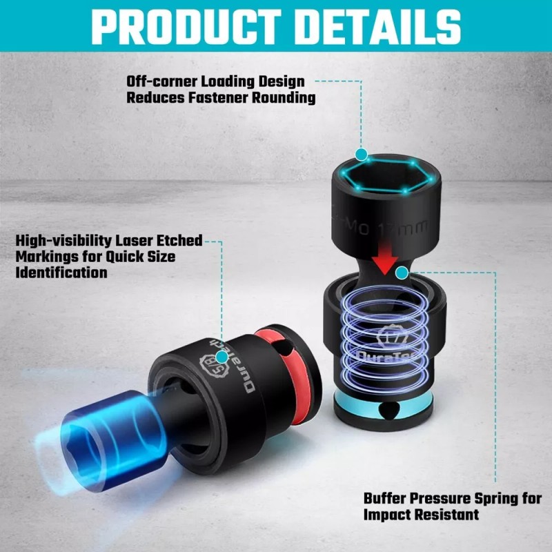 DURATECH 3/8" Drive Impact Swivel Socket Set, Shallow Universal Wobble