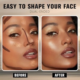 Barra de contorno de doble extremo, cacao negro + bronceador brillante corrector iluminador, impermeable, sin transferencia, de larga duración, 2 en 1