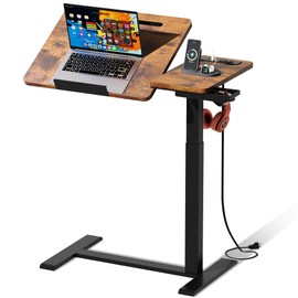 EKNKOZY Standing Desk, Medical Overbed Table with Rolling Tray and Power Outlet, Dual Pneumatic Angel and Height Adjustable Desk, Portable Side Table with Drawer, for Home & Hospital, Rustic Brown