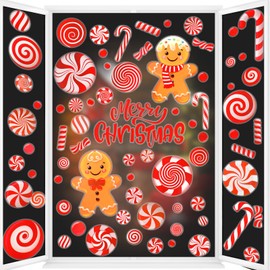 HOWAF 9 Sheets Christmas Candy Window Clings, Red Peppermint Window Stickers for Merry Christmas Party Decorations, Gingerbread Man Christmas Lollipop Window Decals for Xmas Holiday Window Decor