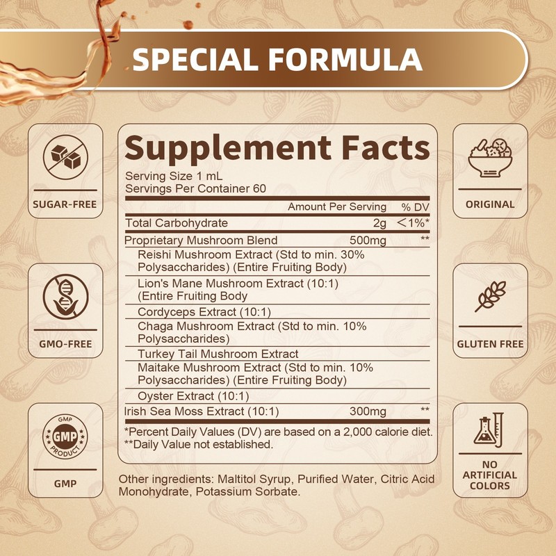 Lions Mane Mushroom Liquid Drops 7 Mushroom Complex for Cognitive