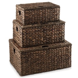 Casafield Set of 3 Water Hyacinth Rectangular Storage Baskets with Lids (Small/Medium/Large), Multipurpose Decorative Shelf Organization Totes for Bedroom, Bathroom, Laundry, Home Office