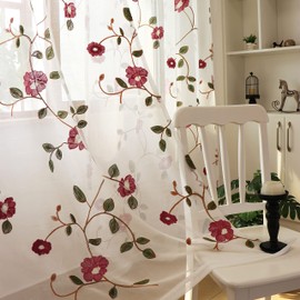 SLOW SOUL 2 Panels Violet Red Flowers Leaves Sheer Curtain Embroidered Window Curtains Gorgeous Drapes for Living Room Bedroom with Rod Pocket 52W X 72L inch