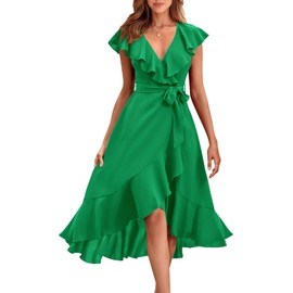PRETTYGARDEN Women's Summer Cross V Neck Split Party Dress Ruffle Short Sleeve Midi Dress with Belt Casual Long Dresses (Green,Medium)