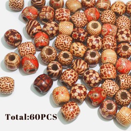 VENOFEN 60PCS Painted Wood Hair Beads Large Hole Natural Wooden Beads for Loc Dreadlock Hair Accessories Braids Decoration