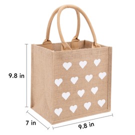 Burlap Tote Bags with Handles Small White Hearts Printed Reusable Jute Gift Bags Waterproof Lining for Valentine's Mother's Day Wedding Bridesmaid Bachelorette Beach Party