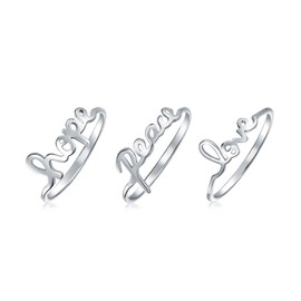 Inspirational Saying Script Words Peace Love Hope 3 Ring Stacked Set For Women Teen .925 Sterling Silver Thin 1 MM Band