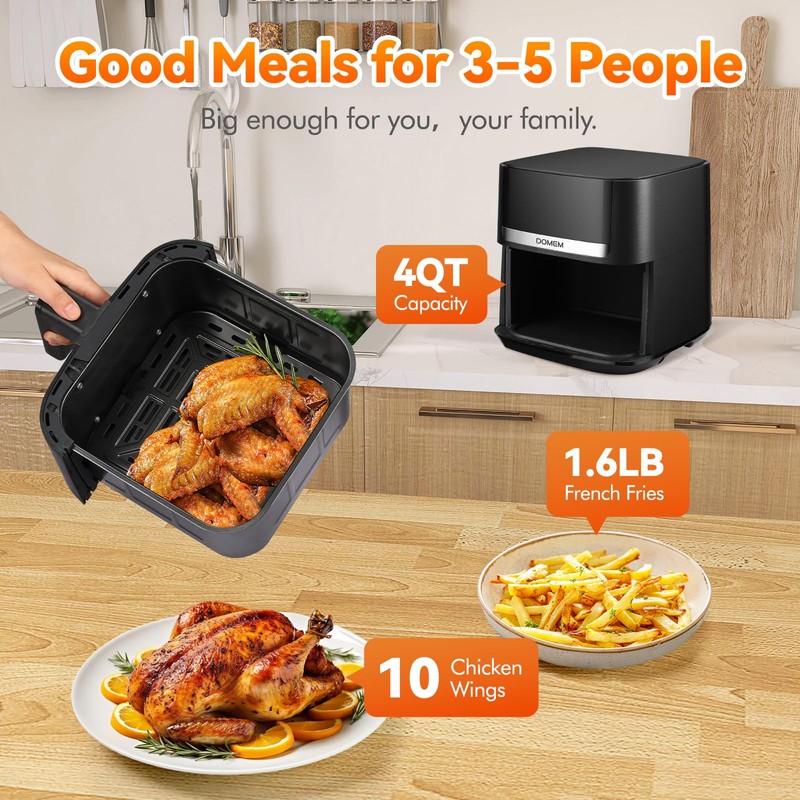 DOMEM Air Fryer 4.2 Qt Oven, 8-in-1 Multicooker with Non-Stick