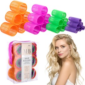 24pc Hair Rollers Collection - Bright Colored Classic Hair Rollers for Curls & Lift, Self-Grip Hair Curlers for Women In Assorted Sizes