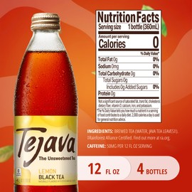 Tejava Lemon Black Iced Tea, 4 Pack, 12oz Glass Bottles, Unsweetened, Non-GMO, Kosher, No Sugar or Sweeteners, No calories, No Preservatives, Brewed in Small Batches